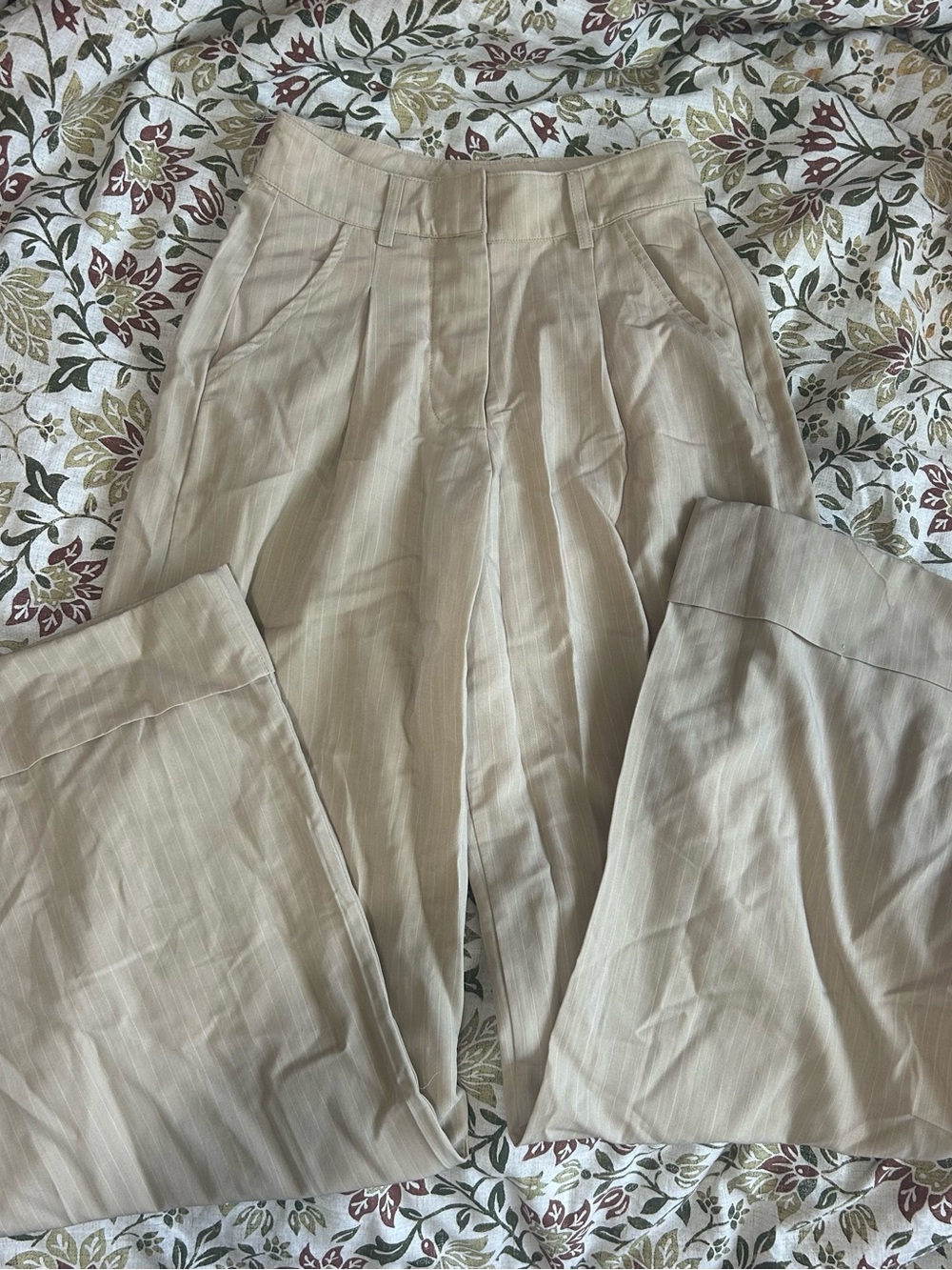 Princess Polly Beige Pinstripe High-Waist Trousers